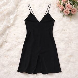 AVEC LES FILLES Black Slip Dress Spaghetti Straps Midi Slit Size L